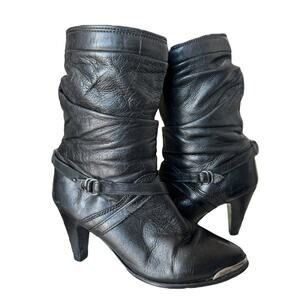 Vintage Zodiac USA Black Leather High Heel Slouch Boots w silver toes size 7.5-8